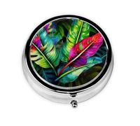 Pilulier rond avec 3 compartiments, pilulier de voyage portable pour poche ou sac à main, feuilles tropicales colorées