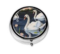 Pilulier rond avec 3 compartiments - Pilulier de voyage portable pour poche ou sac à main - Magnifiques cygnes blancs sur le lac