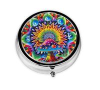 Pilulier rond avec 3 compartiments - Pilulier de voyage portable pour poche ou sac à main - Motif champignon abstrait coloré mandala