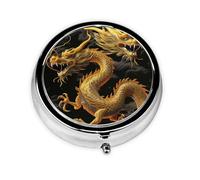 Pilulier rond avec 3 compartiments - Pilulier de voyage portable pour poche ou sac à main - Motif dragon jaune sur fond noir