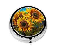 Pilulier rond avec 3 compartiments - Pilulier de voyage portable pour poche ou sac à main - Peinture de tournesols