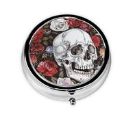 Pilulier rond avec 3 compartiments - Pilulier de voyage portable pour poche ou sac à main, tête de mort florale