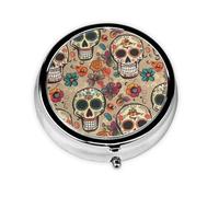 Pilulier rond avec 3 compartiments - Pilulier de voyage portable pour poche ou sac à main - Tête de mort mexicaine