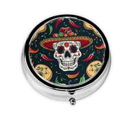 Pilulier rond avec 3 compartiments - Pilulier de voyage portable pour poche ou sac à main - Tête de mort mexicaine