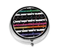 Pilulier rond avec 3 compartiments - Portable - Pour poche ou sac à main - Noir et blanc - Paillettes arc-en-ciel à pois et rayures