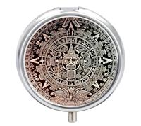 Pilulier rond avec calendrier maya End of The World - Petit pilulier avec 3 compartiments - Organiseur portable en métal - Mini médicament de voyage - Supplément de vitamines pour sac à main