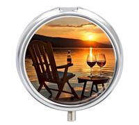 Pilulier rond avec chaise et vin au coucher du soleil sur le lac du coucher de soleil - Organiseur de poche pour sac à main