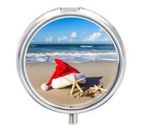 Pilulier rond avec chapeau de Père Noël sur la plage et étoile de mer - Organiseur pour poche de sac à main