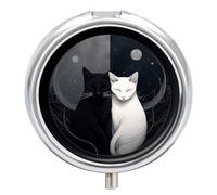 Pilulier rond avec deux chats dessinés à la main - 3 compartiments - Portable - Mini boîte à médicaments compacte pour le quotidien - Distributeur de supplément de vitamines