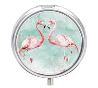 Pilulier rond avec deux flamants roses - 3 compartiments - Portable - Pour le voyage - Mini récipient compact pour médicaments - Distributeur de supplément de vitamines