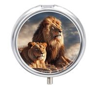Pilulier rond avec deux lions - 3 compartiments - Portable - Pour le voyage - Mini récipient compact pour médicaments - Distributeur de supplément de vitamines