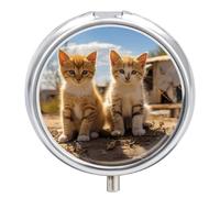 Pilulier rond avec deux petits chats - 3 compartiments - Portable - Pour le voyage - Mini récipient compact pour médicaments - Distributeur de supplément de vitamines