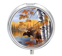 Pilulier rond avec feuilles de bouleau d'automne et d'élan - Portable - Organiseur pour médicaments et vitamines - Organiseur pour sac à main