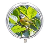 Pilulier rond avec feuilles vertes et oiseaux - 3 compartiments - Portable - Pour le voyage - Mini récipient compact pour médicaments - Distributeur de supplément de vitamines
