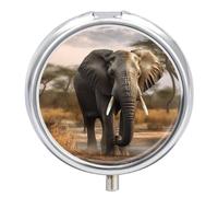 Pilulier rond avec miroir - 3 compartiments - Petit pilulier portable - Éléphant d'Afrique tropical - Pour sac à main, poche, voyage, vitamines, compléments