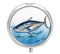 Pilulier rond avec miroir, 3 compartiments, petit pilulier portable, petit pilulier hebdomadaire, thon rouge, Thunnus, étui de médecine pour sac à main, poche, voyage, vitamines, compléments