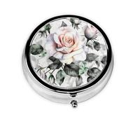 Pilulier rond blanc aquarelle florale rose 3 compartiments pour sac à main, joli pilulier en métal, petit pilulier de voyage pour contenir des vitamines, des suppléments d'huile de poisson