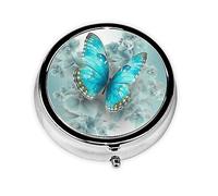 Pilulier rond bleu clair papillon 3 compartiments pour sac à main, joli pilulier en métal, petit pilulier de voyage portable pour contenir des vitamines, des suppléments d'huile de poisson
