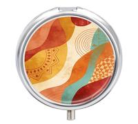 Pilulier rond bohème abstrait avec miroir, 3 compartiments pour voyage, utilisation en extérieur, joli petit pilulier pour poche ou sac à main