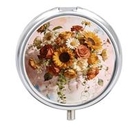 Pilulier rond bohème floral avec miroir 3 compartiments pour voyage, utilisation en extérieur, joli petit pilulier pour poche ou sac à main