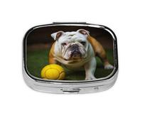 Pilulier rond carré avec bouledogue jaune 2 compartiments pour poche sac à main portable pour médicaments, foie de morue, huile de foie de morue, pilulier 2 fois par jour