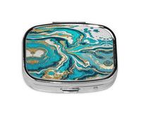 Pilulier rond carré bleu turquoise doré marbré 2 compartiments pour poche, sac à main, boîte de rangement portable pour médicaments, foie de morue, huile, pilulier 2 fois par jour