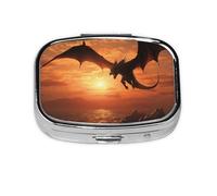 Pilulier rond carré - Motif mer et coucher de soleil - Dragon volant - 2 compartiments - Pour poche, sac à main, médicaments, foie de morue, huile - 2 fois par jour