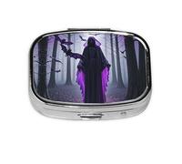 Pilulier rond carré violet noir gothique effrayant boîte à pilules quotidienne 2 compartiments pour poche sac à main portable médicaments, foie de morue huile, pilulier 2 fois par jour