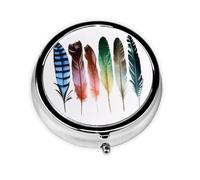 Pilulier rond coloré avec plumes dessinées à la main - 3 compartiments - Imperméable - Distributeur de pilules de poche - Portable pour poche ou sac à main