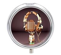 Pilulier rond coloré doré avec microphone et casque avec 3 compartiments - Mini pilulier de voyage en métal et conteneurs de vitamines pour huile de poisson et compléments alimentaires