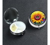 Pilulier rond coloré en forme de tournesol à 3 compartiments - Joli pilulier de voyage portable en métal pour médicaments et vitamines - Cadeau unique pour homme et femme