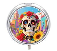 Pilulier rond compact à 3 compartiments, pilulier de voyage portable à motif floral mexicain, pilulier quotidien pour hommes et femmes
