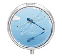 Pilulier rond compact à 3 compartiments, pilulier de voyage portable bleu vintage libellule pilulier pour médicaments quotidiens pour homme et femme