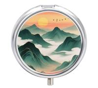 Pilulier rond compact à 3 compartiments, pilulier de voyage portable Green Mountains par Sunset Pill Case Daily Medicine Container pour homme et femme
