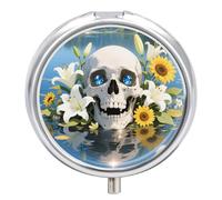Pilulier rond compact à 3 compartiments, pilulier de voyage portable, tête de mort, fleurs, feuilles, pilulier quotidien pour homme et femme