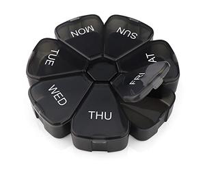 Pilulier rond de qualité supérieure sans BPA pour tablette, grands compartiments, conception unique à ouverture assistée par ressort pour vitamines, médicaments et huile de foie de morue (Noir)