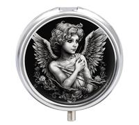 Pilulier rond de style portrait d'ange à 3 compartiments avec miroir - Petit pilulier de voyage - Joli organiseur de vitamines portable pour le quotidien - Pour poche et sac à main