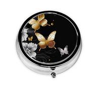 Pilulier rond doré et blanc avec papillons noirs pour sac à main, 3 compartiments, pilulier de voyage portable en métal pour contenir des vitamines, des suppléments d'huile de poisson