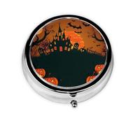 Pilulier rond effrayant château de citrouilles d'Halloween avec 3 compartiments, mini pilulier en métal pour sac à main ou poche, léger et portable pour un usage quotidien, cadeaux, voyage
