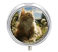 Pilulier rond en forme de chat assis dans un champ vert, 3 compartiments avec miroir, petit pilulier de voyage mignon organisateur de vitamines portable pour sac à main