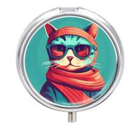 Pilulier rond en forme de chat portant des lunettes de soleil - 3 compartiments - Avec miroir - Petit pilulier de voyage - Joli organisateur de vitamines - Portable - Pour le quotidien - Pour poche et