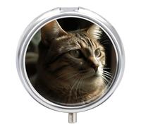 Pilulier rond en forme de chat tigré - 3 compartiments - Portable - Mini boîte à médicaments compacte - Distributeur de vitamines