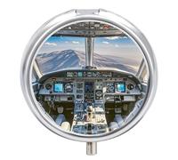 Pilulier rond en forme de cockpit d'avion avec 3 compartiments - Portable en métal - Mini médicament de voyage - Supplément de vitamines pour sac à main