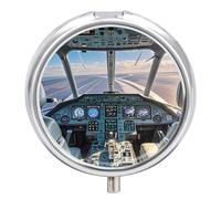 Pilulier rond en forme de cockpit d'avion - Joli petit étui portable à 3 compartiments - Avec miroir - Pour vitamines, médicaments et compléments alimentaires