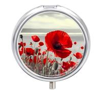 Pilulier rond en forme de coquelicot rouge à 3 compartiments avec miroir, petit pilulier de voyage, organisateur de vitamines mignon portable pour sac à main