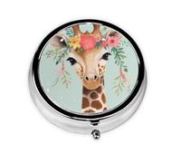 Pilulier rond en forme de girafe avec motif floral - 3 compartiments pour sac à main - Joli pilulier en métal - Mini petit pilulier de voyage pour contenir des vitamines, des suppléments d'huile de