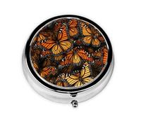 Pilulier rond en forme de tas de papillons monarques oranges - 3 compartiments - Pour sac à main, médicaments, foie de morue, huile de foie - 3 fois par jour