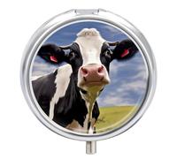 Pilulier rond en forme de vache noire et blanche - 3 compartiments - Portable - Pour le voyage - Mini récipient compact pour médicaments - Distributeur de supplément de vitamines