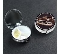 Pilulier rond en forme de voiture américaine marron à 3 compartiments - Joli pilulier de voyage portable en métal pour médicaments et vitamines - Cadeau unique pour homme et femme
