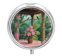 Pilulier rond en métal à 3 compartiments avec fleurs tropicales et feuilles de palmier - Petit pilulier portable pour médicaments et vitamines - Pour sac à main et poche pour contenir des vitamines